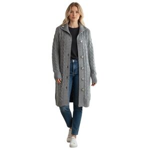 Esprit Wool blend Long Gray Cable-Knit Button Cardigan